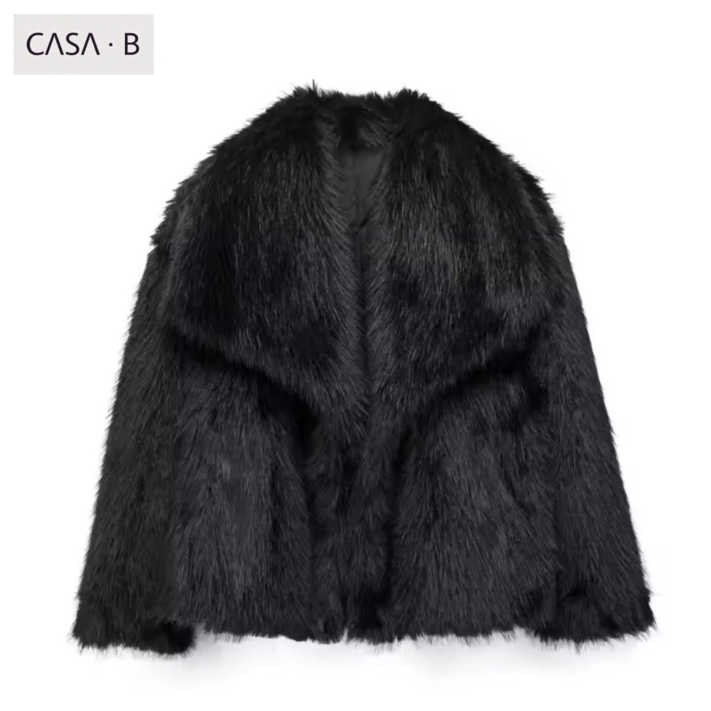 NEW💫CASA B| Heiress Black Faux Fur Jacket- Long Sleeve Lapel Collar Outerwear - Picture 3 of 7